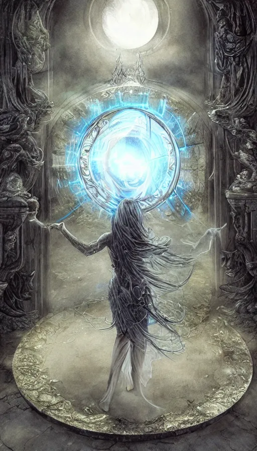 Prompt: goddess of illusion, beautiful, stunning, breathtaking, mirrors, glass, magic circle, magic doorway, fantasy, mist, bioluminescence, hyper - realistic, unreal engine, by luis royo,