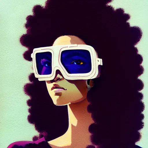 Image similar to Beautiful woman wearing opaque goggles profile picture by Greg Rutkowski, brown skin, long afro hair, asymmetrical, studio ghibli, Organic Painting , Matte Painting, geometric shapes, hard edges, street art, trending on the artstation, fantasy LUT, realistic by Sachin Teng,