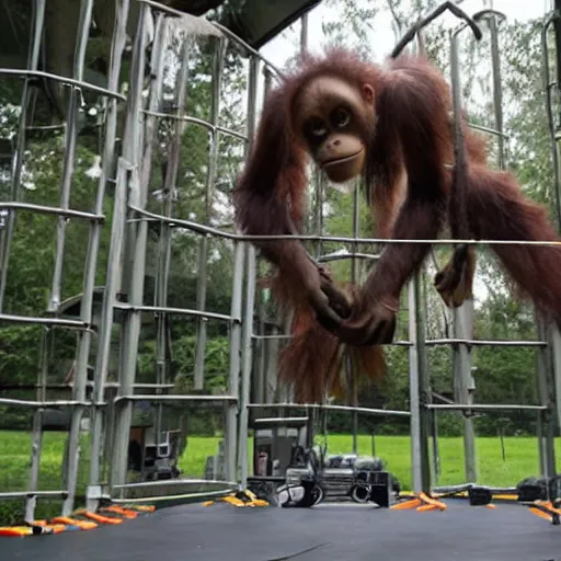 Image similar to publicity photo released by boston dynamics of its prototype robotic orangutan leaping or swinging or climbing in an obstacle - course while engineers are taking notes.