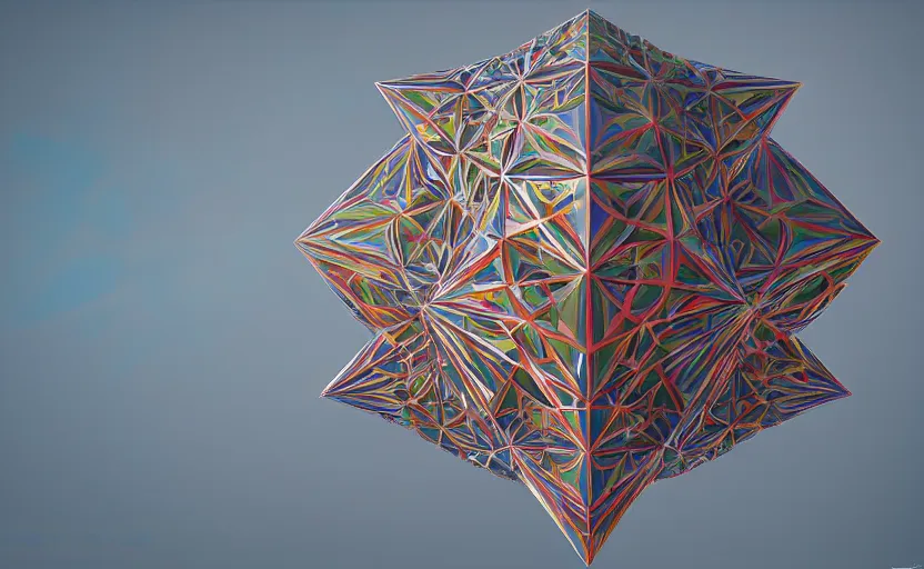 Image similar to a painting of a sierpinski icosahedron trending on artstation in the style of greg rutkowski, 3 d, fractal, 4 d, endless, rainbow, geometric