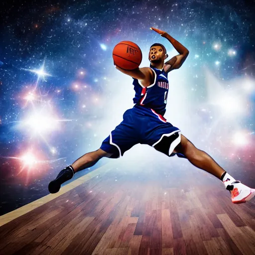 Image similar to A basketball player performing a slam dunk in the space, realistic award winning photography