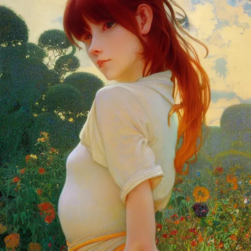 Image similar to A young woman with orange long hair and bangs in shorts and white shirt drawn by Donato Giancola and Makoto Shinkai, frank frazetta, Alphonse Mucha, background by James Jean and Gustav Klimt, 4k, porcelain skin, volumetric lighting, french nouveau, trending on artstation, octane render, hyperrealistic