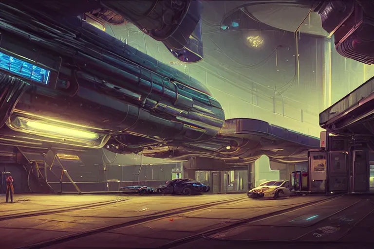 Image similar to Ultra realistic illustration, a run down battered spaceport in the outskirts of Tavlos city, a refuelling station filling up an old transporter waiting to take off, soft neon lights, fuelling cables on the floor, cyberpunk, sci-fi, fantasy, intricate, elegant, highly detailed, digital painting, artstation, concept art, smooth, sharp focus, illustration, dramatic lighting, art by Syd Mead and Giger