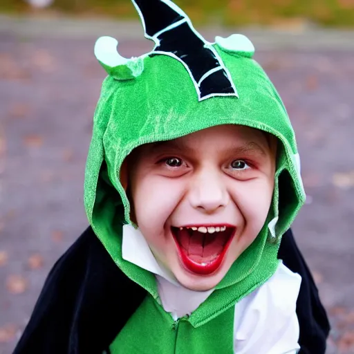 Prompt: happy boy dressed in costumes for halloween