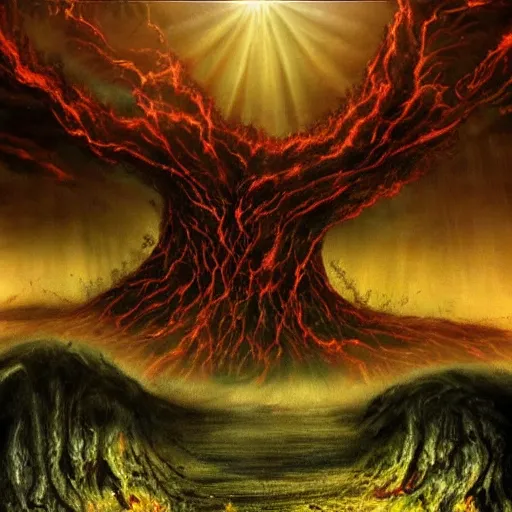 Prompt: An epic photo of anti-life, The Beast of Judgement, The dark at the end of everything, The End of Times, King of Entropy, Embodiment of Chaos, Death of all, The Endless, Beyond the rules of Physics, Above Meaning, Torrential rain of blood, the Earth sprouts lava, the suns light is consumed, all things cease to exist, Colossal, Monumental, Incommensurate, Incomprehensible, Reality warping, Cosmic Entity approaches the Earth, 3D fractals, volumetric lighting, sharp focus, ultra-detailed, hyperrealistic, complex, intricate, 3-point perspective, unreal engine 5, IMAX quality, cinematic,attention to detail, small details, extra detail, symmetrical, high resolution, octane render, arnold render, PBR, path tracing, 8k, HD, hi-res, award-winning, awe-inspiring, ground-breaking, masterpiece , artgem, Dark Fantasy mixed with Realism, saturated colours, rich colourful