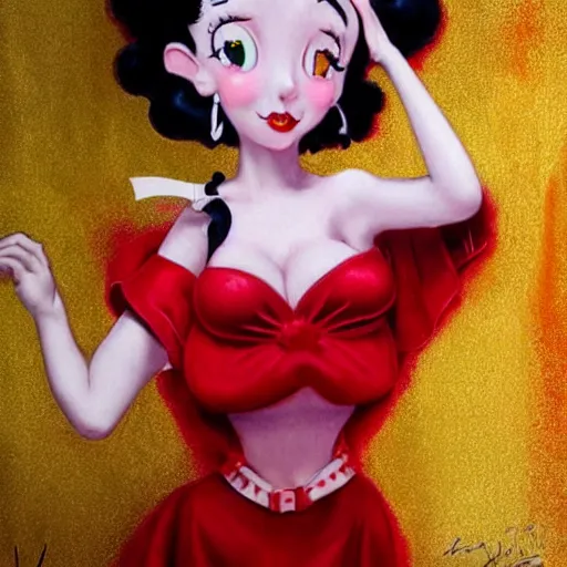 Image similar to vivien leigh as betty boop, red dress fully clothed, hyper detailed, digital art, trending in artstation, cinematic lighting, studio quality, smooth render, unreal engine 5 rendered, octane rendered, art style by klimt and nixeu and ian sprigger and wlop and krenz cushart