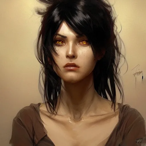 Prompt: scared woman with short, spiky black hair and dark skin, slanted amber eyes, long thin scar on her face. highly detailed, digital painting, artstation, concept art, sharp focus, beautiful face, expressive eyes, illustration, art by Artgerm and greg rutkowski and alphonse mucha