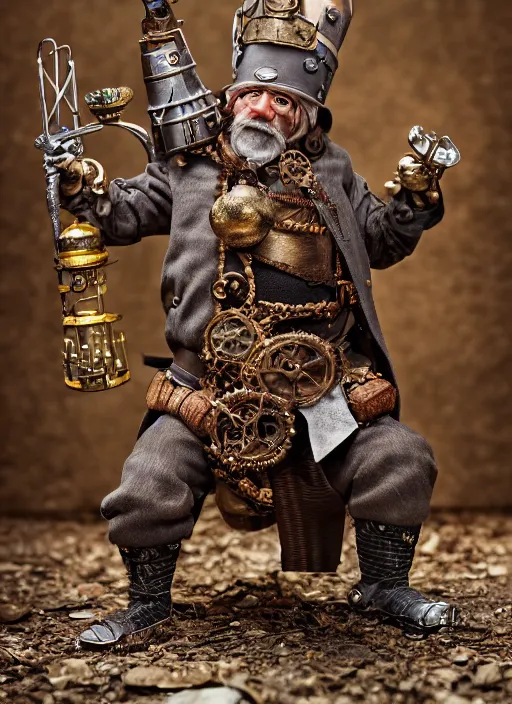 Image similar to 8 5 mm f 1. 8 photograph of a claymation steampunk warrior dwarf, highly detailed diorama, by erwin olaf, smooth, sharp foccus, commercial photography, fashion shoot