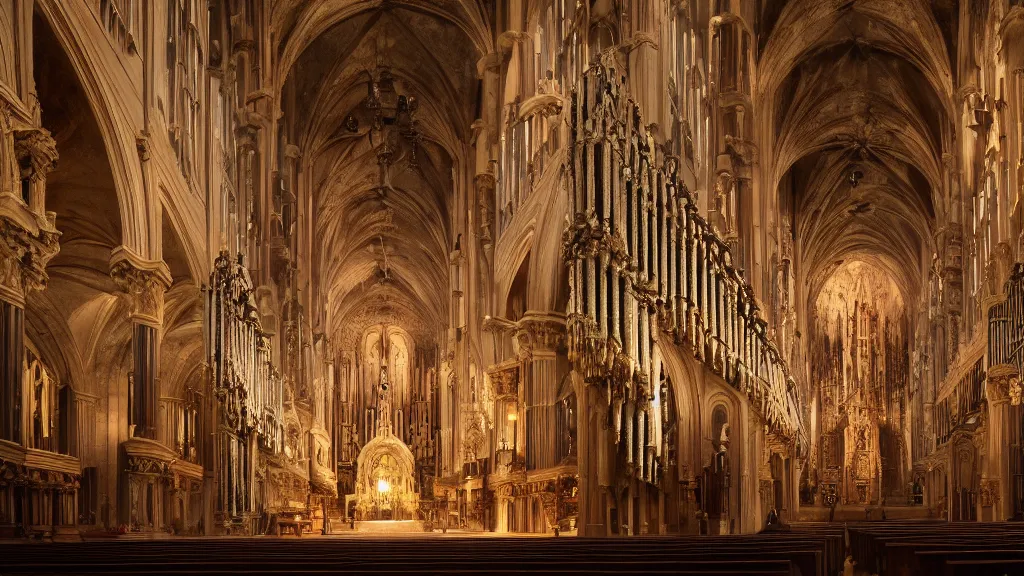 Prompt: a complex ancient pipe organ cathedral interior, 4 k, stone pews, skulls, giant alembic, candle lighting, octane render, natural color scheme, architectural photography, f 3 2, still from movie by guillermo del toro