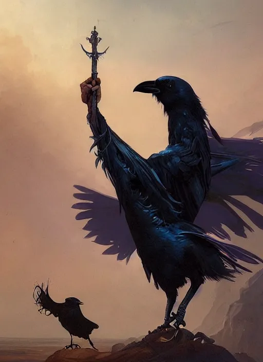 Image similar to hyper realistic photo of beautiful sorceress with a raven on her shoulder and a magic staff in her hand, full body, rule of thirds, conceptart, saturated colors, cinematic, greg rutkowski, brom, james gurney, mignola, craig mullins, artstation, cgsociety