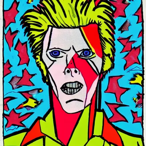 Image similar to david bowie in the style of daniel johnston and outsider art, acid, 4k