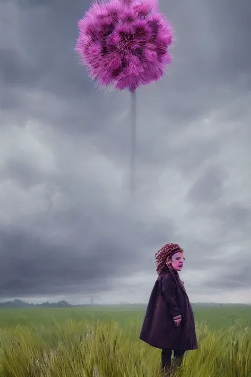 Image similar to portrait, enormous thistle flower head, a girl wearing coat in field, surreal photography, wind and cold, dramatic sky, impressionist painting, digital painting, artstation, simon stalenhag