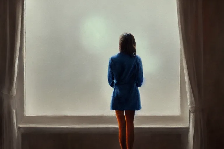 Image similar to a painting of a woman staring out a foggy window in a suburban home by jama jurabaev, cinematic shot, trending on artstation, high quality, ultra realistic