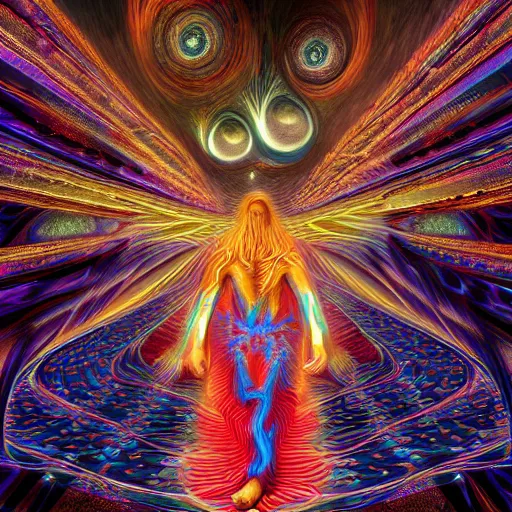 Image similar to wizard in blue robes, long white beard, by alex grey, TOOL band art, psychedelic, render, fractals, detailed, 8K