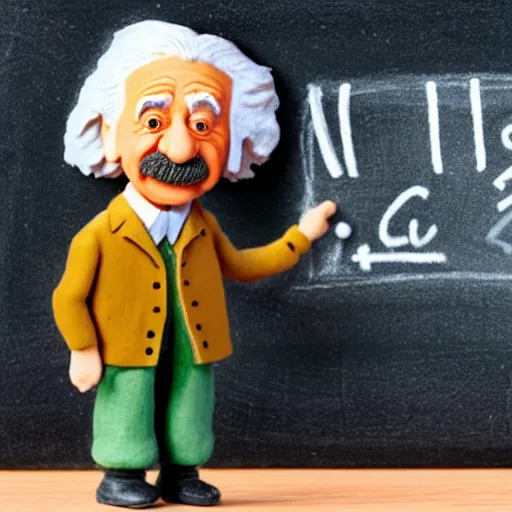 Image similar to claymation miniature scene of albert einstein standing in front of miniature blackboard with lots of mathematical formulas chalked on