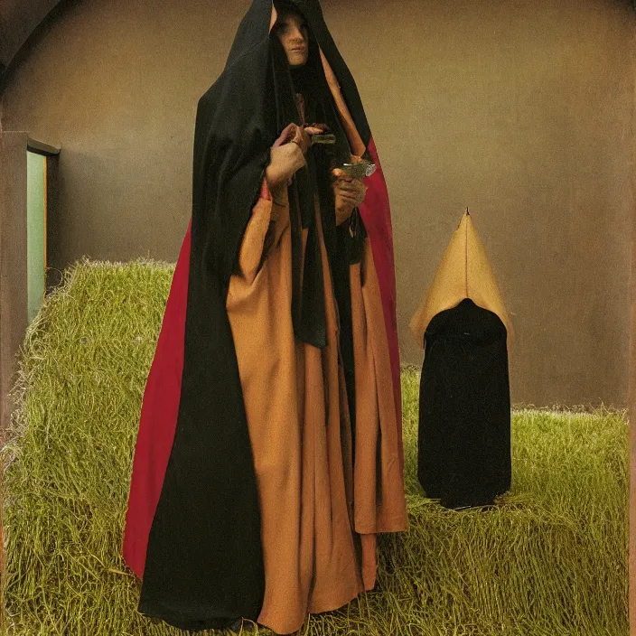 Prompt: a woman wearing a cloak made of grass, in a taco bell, color photograph, by jan van eyck, canon eos c 3 0 0, ƒ 1. 8, 3 5 mm, 8 k, medium - format print