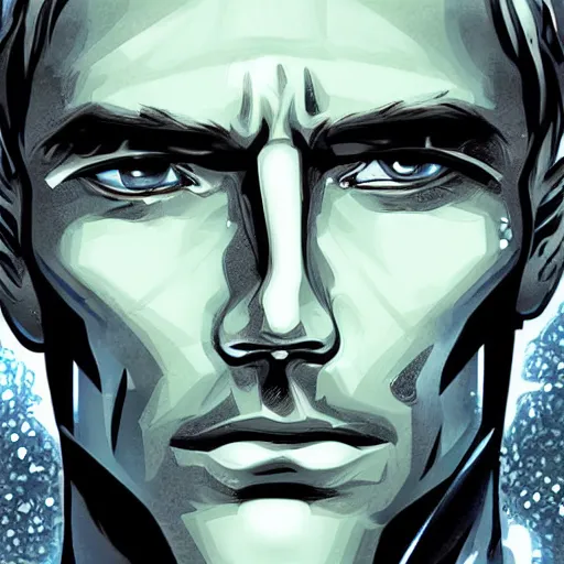 Image similar to man portrait made out of ice, beautiful, cyborg, comic book art, highly detailed, blond hair