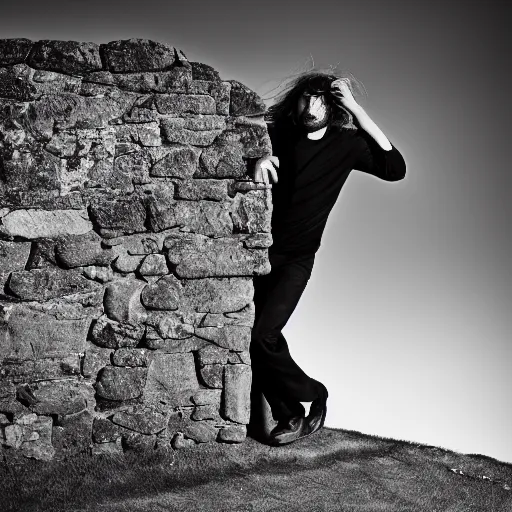 Image similar to 4K photograph of a panicked dishevelled slender young man with long hair in 1930s apparel backed against a stone wall trying to protect himself. Dramatic lighting