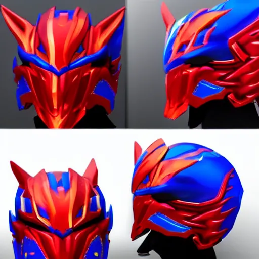 Image similar to dragon inspired High Fantasy Kamen Rider Helmet, red and blue color scheme, 4k, glowing eyes, daytime, rubber suit