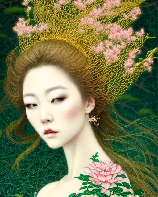 Prompt: portrait of a beautiful lady of nature, graceful beauty, esoteric, nature aesthetics, head in focus, intricate, elegant, painterly, artstation, artistic, concept art, hasselbrad photography, sharp focus, illustrative, art style by chie yoshii