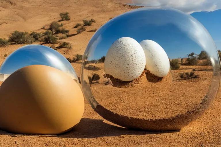 Prompt: Desert in an egg with concrete walls and golden domes, high quality