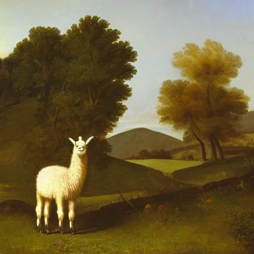 Prompt: oil painting by george stubbs of a man standing in a meadow with a llama. - n 6