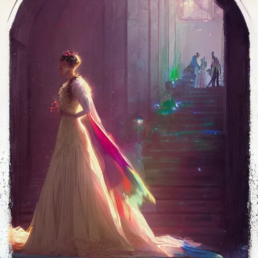 Prompt: colorful illustration of lady at a wedding, intricate complexity, by greg rutkowski, artgerm. 4 k, beautiful, cinematic dramatic atmosphere