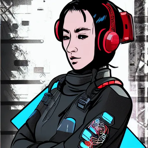 Prompt: Jujitsu Niki. Beautiful cyberpunk assassin wearing a cyberpunk headset and tactical gear. In style of moebius and laurie greasley