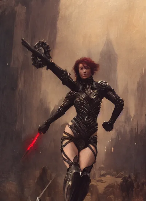 Image similar to red short haired muscular woman wearing basic black medieval armour, detailed by gaston bussiere, bayard wu, greg rutkowski, giger, maxim verehin, greg rutkowski, masterpiece, sharp focus, cinematic lightning