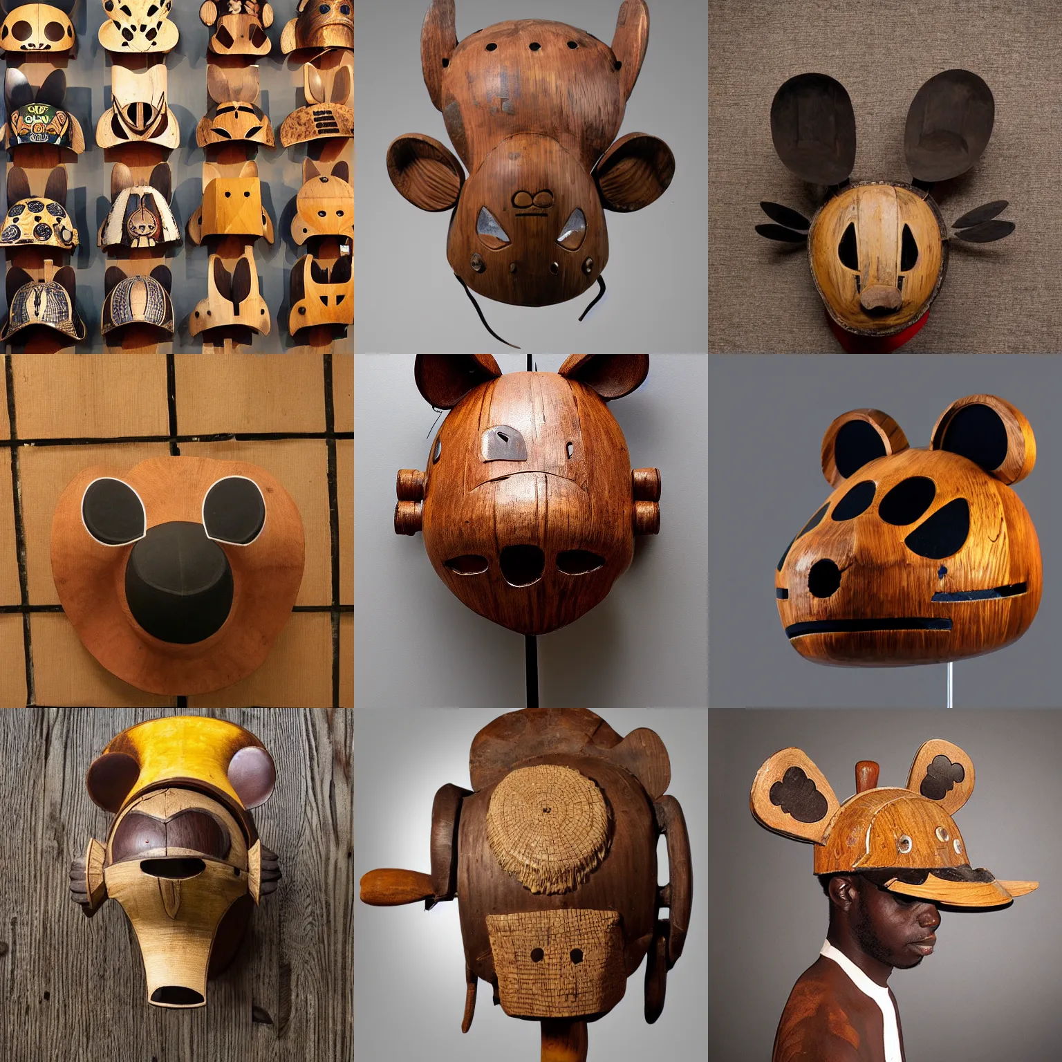 Prompt: Museum Photos of African Traditional Wooden DeadMau5 helmets