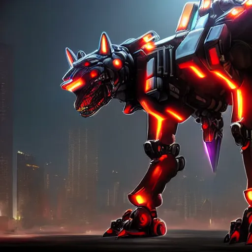 Image similar to hyper realistic, highly detailed cinematic full body shot of a giant mecha canine, sharp claws, sleek armor, glowing visor, charging through city, digital art, furry art, dragon art, zoids art, furaffinity, deviantart