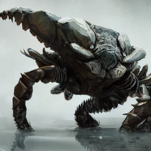 Image similar to tiger - crab creature in the style of craig mullins, ruan jia, kentaro miura, greg rutkowski, loundraw