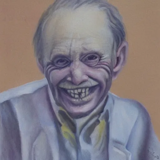 Prompt: a creepy painting of a smiling old man