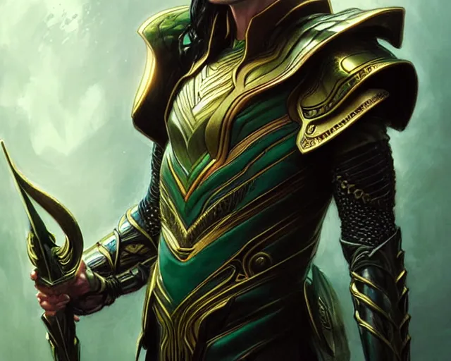 Image similar to Loki in armor, art nouveau, fantasy, intricate science designs, elegant, highly detailed, sharp focus, art by Artgerm and Greg Rutkowski and WLOP