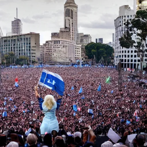 Image similar to Lady Gaga as president, Argentina presidential rally, Argentine flags behind, bokeh, giving a speech, detailed face, Argentina