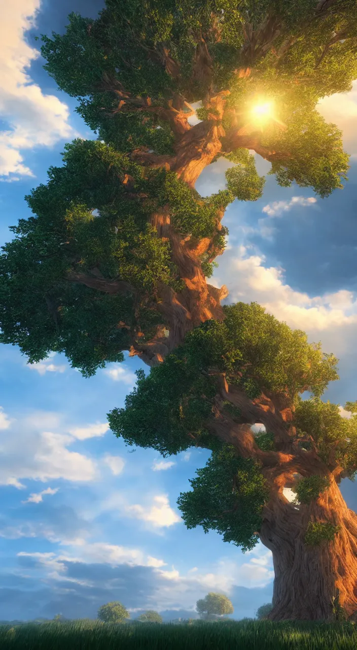 Prompt: a gigantic oak reaching the sky, detailed clouds, sunbeams, heavenly color scheme, unreal engine