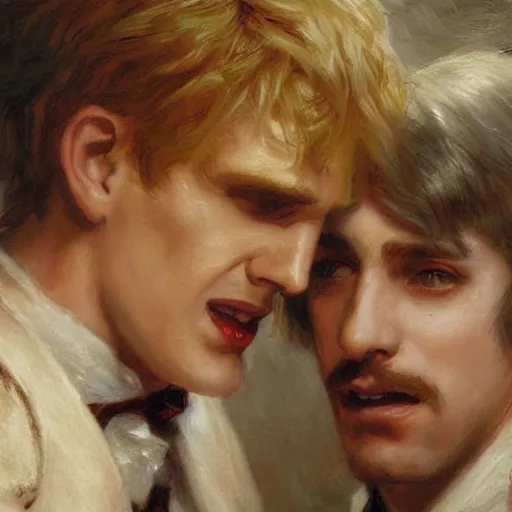 Image similar to attractive male arthur pendragon who has blond hair confesses his love to attractive male dracula. highly detailed painting by gaston bussiere, craig mullins, j. c. leyendecker 8 k