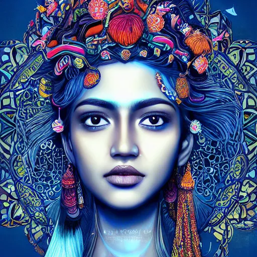 Prompt: the face of a ridiculously beautiful and pretty indian woman partially made of onion rings of all colors looking up, an ultrafine detailed illustration by james jean, final fantasy, intricate linework, bright colors, behance contest winner, vanitas, angular, altermodern, unreal engine 5 highly rendered, global illumination, radiant light, detailed and intricate environment