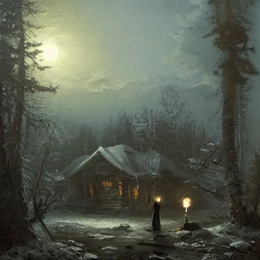 Image similar to a hooded figure carrying a torch approaches an abandoned tavern on a moonlit night, Ivan Shishkin and Greg Rutkowski