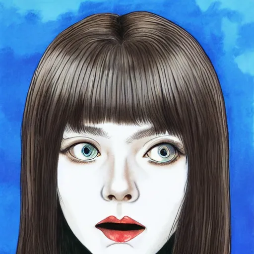 Image similar to professional painting of Elle Fanning in the style of Junji Ito’s Tomie, head and shoulders portrait, symmetrical facial features, smooth, sharp focus, illustration, intricate, stormy weather, extremely detailed masterpiece,