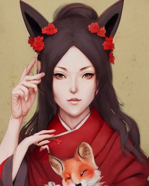 Image similar to Ssunbuki as an older woman with fox ears and a red kimono, visualartzi, Japanese, concept art by Karla Ortiz, James Paick, Charlie Bowater, Krenz Cushart, highly detailed, ultra detailed, ultra realistic, trending on artstation, cgstudio