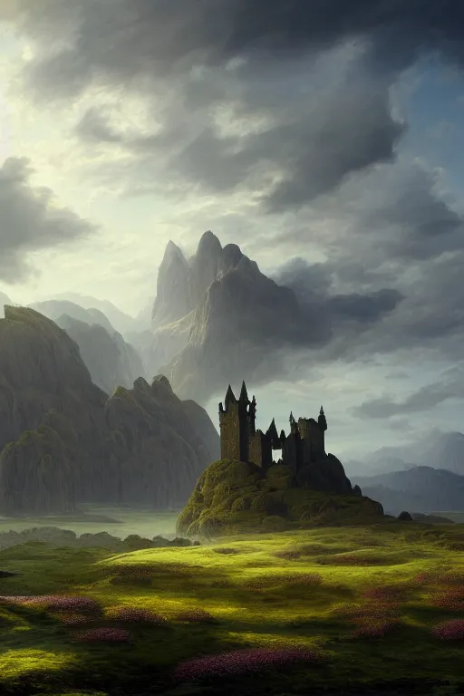 Image similar to a beautiful digital illustration painting of a detailed gothic fantasy endless plains of scottish highlands with castle in the distance, by benoit b. mandelbrot, steven belledin, martin johnson heade, lee madgwick, caspar david friedrich, and david rios ferreira. 8 k resolution trending on artstation concept art digital illustration