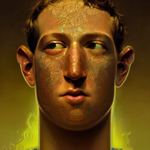 Prompt: An anthropomorphic pickle with the face of Mark Zuckerberg, intricate, highly detailed, digital painting, artstation, oppressive lighting, fashion concept art, sharp focus, illustration, art by greg rutkowski and alphonse mucha