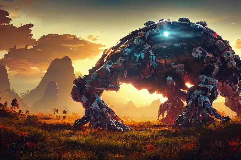 Image similar to shellsnapper machine creature robot of horizon forbidden west horizon zero dawn radiating a glowing aura global illumination ray tracing hdr fanart arstation by ian pesty and alena aenami artworks in 4 k