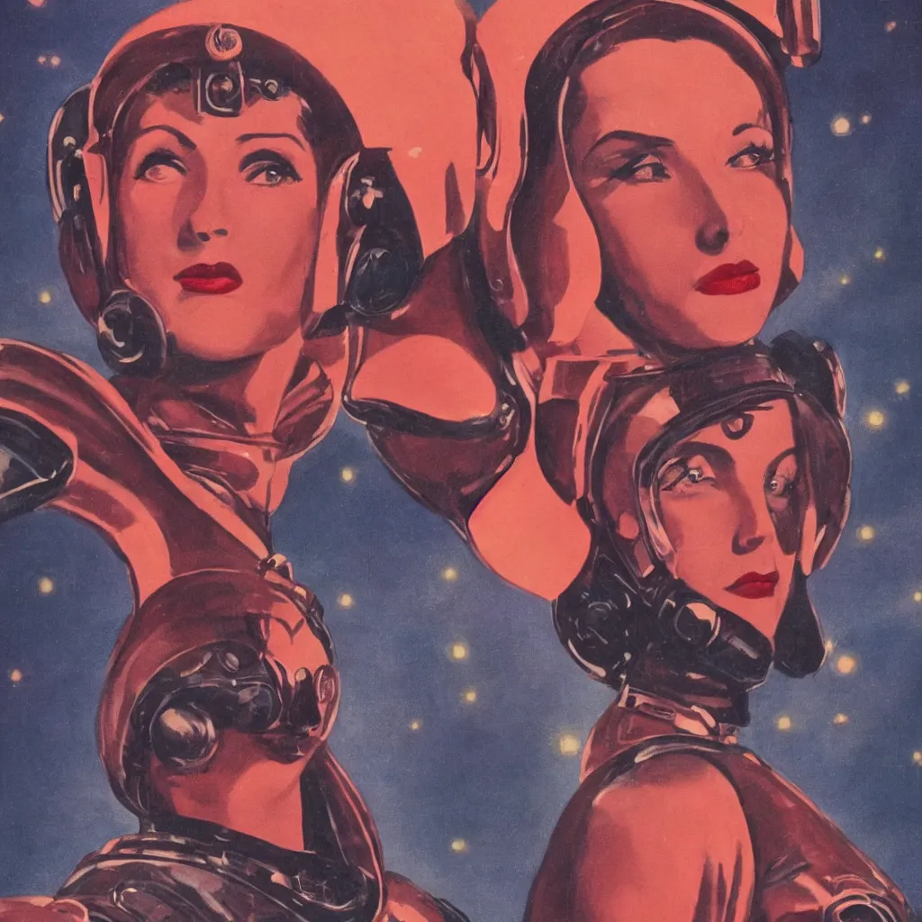 Image similar to 1940s Pulp Sci-fi style, closeup of a woman's face in a retro spacesuit with a dark red and mysterious sky.