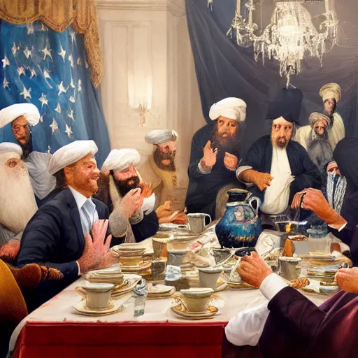 Prompt: a painting of joe biden laugh in tea party with taliban, ultra detailed face, body and gesture, justify content center, hyper realistic content, frontal hyperdetailed realistic content, sharp focus, intricate, dynamic composition, 2 colors, baroque, delete duplicate content