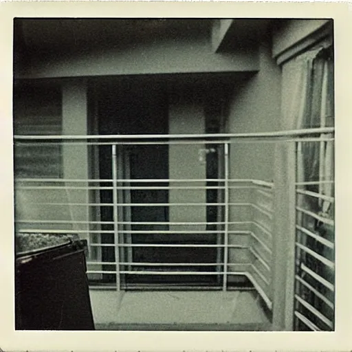 Prompt: A polaroid of a cyberpunk apartment balcony. Signed 1962