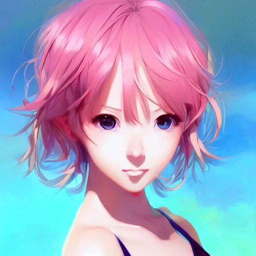 Image similar to anime portrait of a girl, bikini, short pink hair, azure blue eyes, full body, cute, detailed, by Stanley Artgerm Lau, WLOP, Rossdraws, James Jean, Andrei Riabovitchev, Marc Simonetti, and Sakimichan, trending on artstation