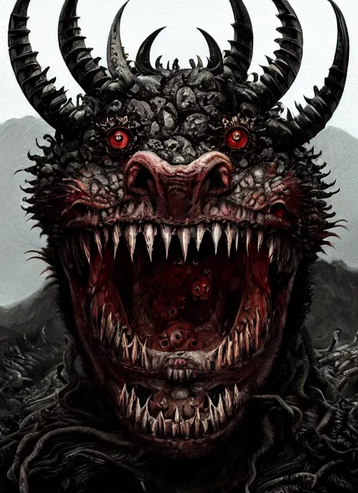 Image similar to close up portrait of a monster in the mountains of hell, sharp teeth, oil painting by tomasz jedruszek, cinematic lighting, pen and ink, intricate line, hd, 4 k, million of likes, trending on artstation