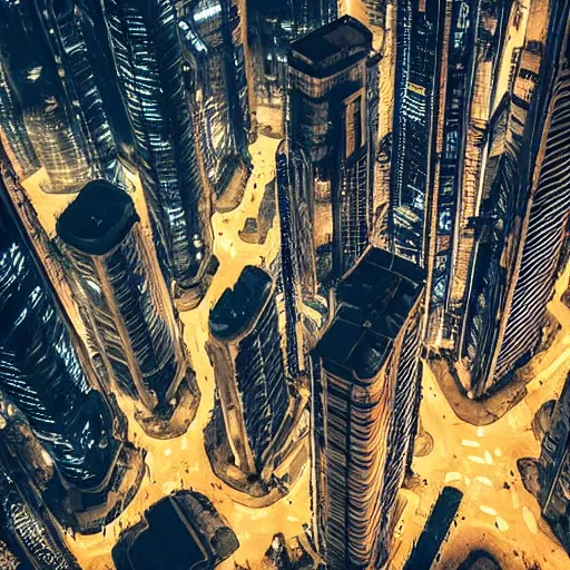 Prompt: aerial shot of the impressive dystopian cyberpunk city at night during amazing storm, nightscape, futuristic architecture, realistic photo, neons